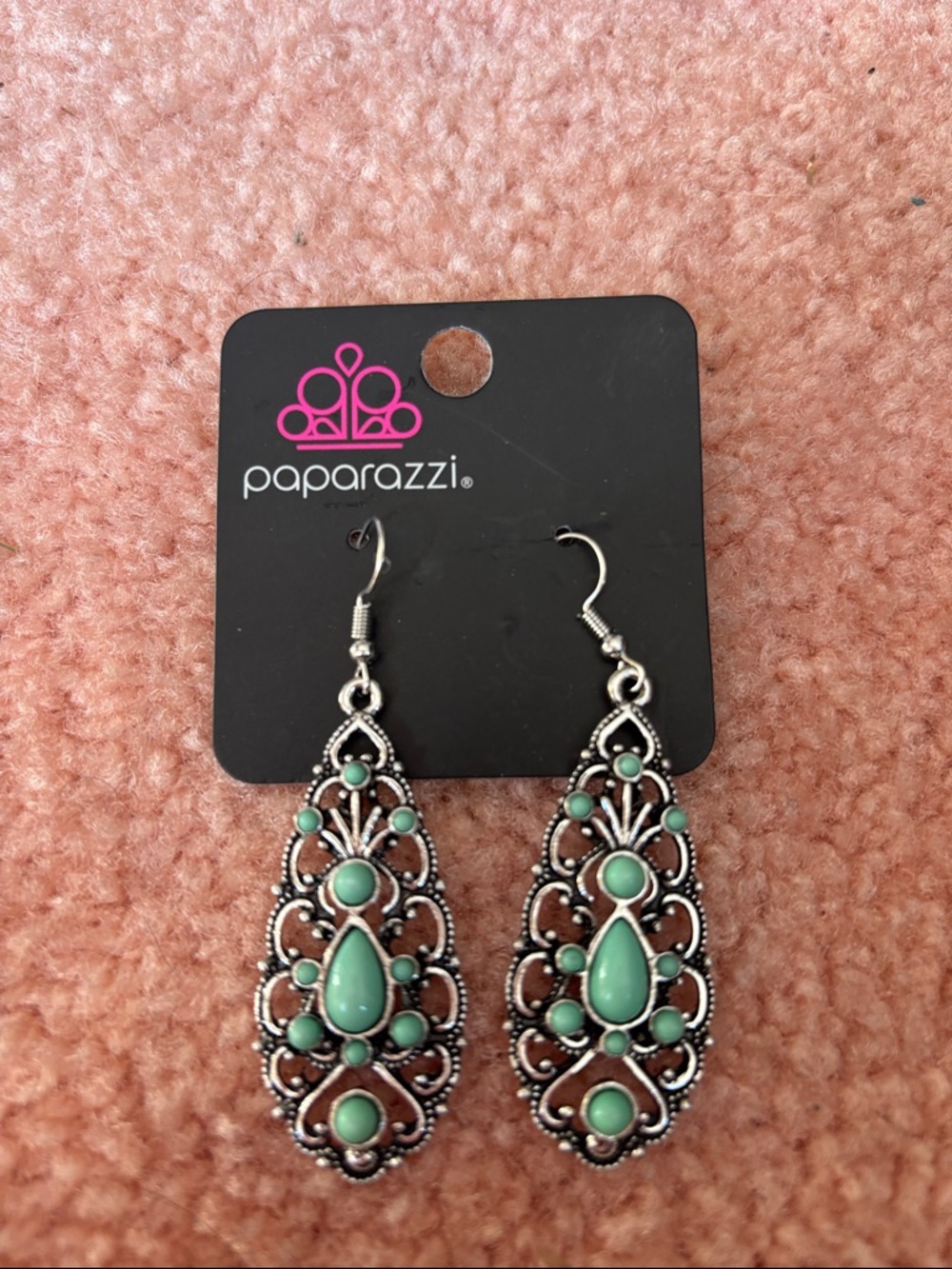paparazzi Silver Filigree Earrings with Mint Accents